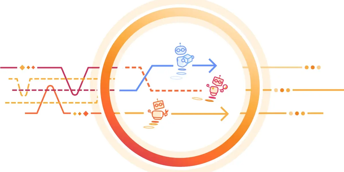 Illustration: robots crossing an orange ring along traffic lines, some solid and some broken