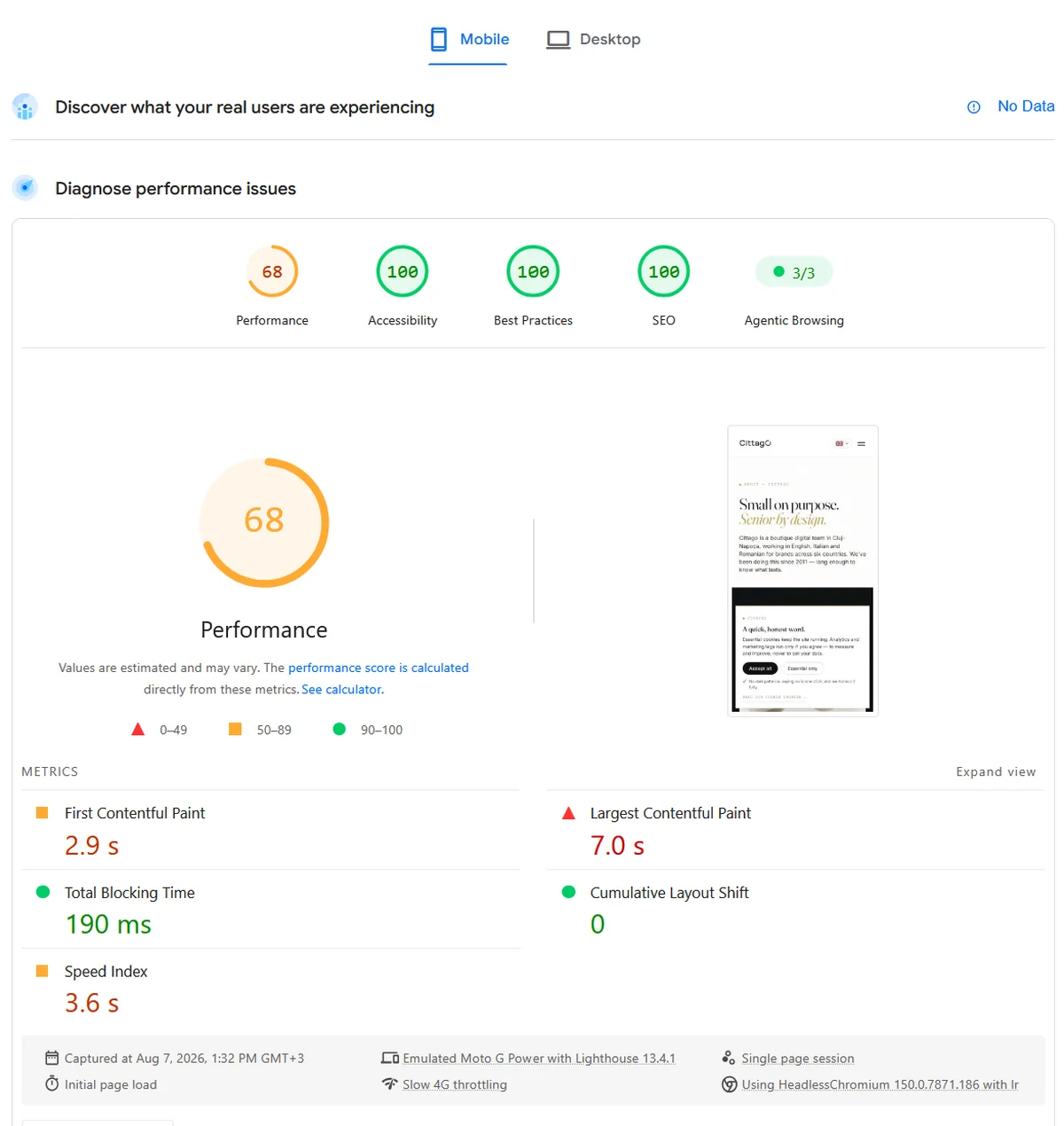 Rapporto PageSpeed Insights di cittago.com in modalità mobile, 7 agosto 2026 ore 13:32: prestazioni 68, accessibilità 100, best practices 100, SEO 100, agentic browsing 3 su 3; First Contentful Paint 2,9 s, Largest Contentful Paint 7,0 s, Total Blocking Time 190 ms, Cumulative Layout Shift 0, Speed Index 3,6 s; in alto la riga dei dati degli utenti reali segna No Data; in basso: emulazione Moto G Power con Lighthouse 13.4.1 e throttling Slow 4G
