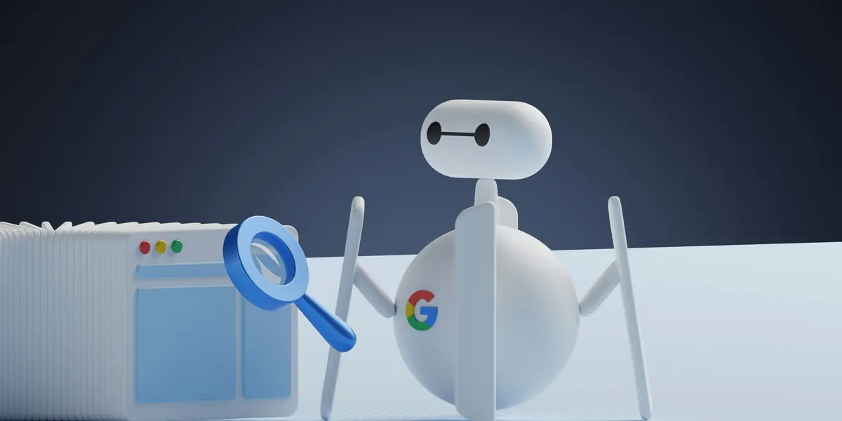 Three-dimensional white robot with the four-colour Google G on its body, holding a blue magnifying glass over a stylised browser window stacked in front of it