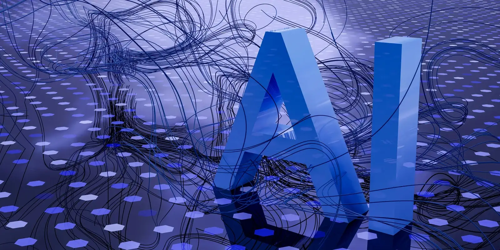 Three-dimensional letters spelling AI standing on a mesh of tangled cables and scattered nodes, illustrating the answer layer that now sits above the link layer