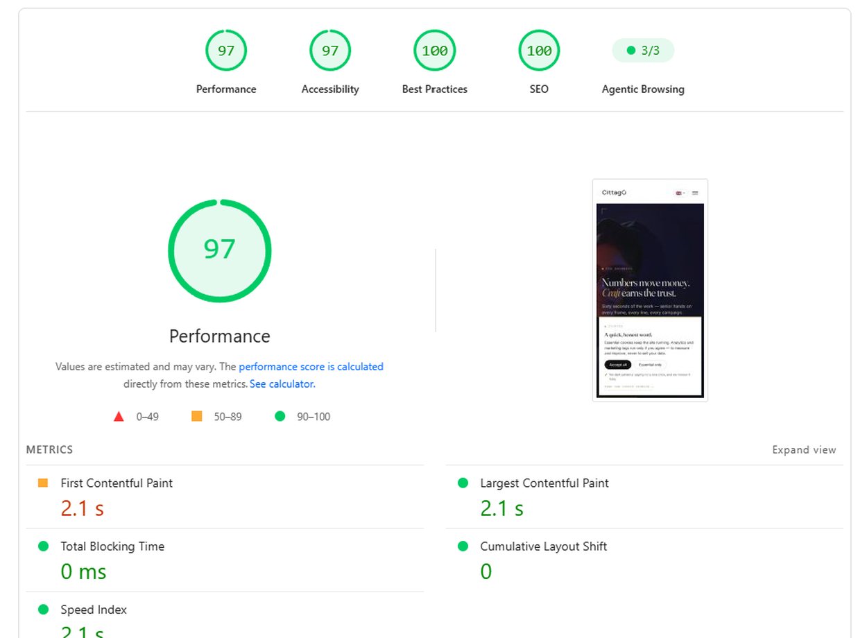 PageSpeed Insights mobile for cittago.com: Performance 97, with Agentic Browsing check 3/3