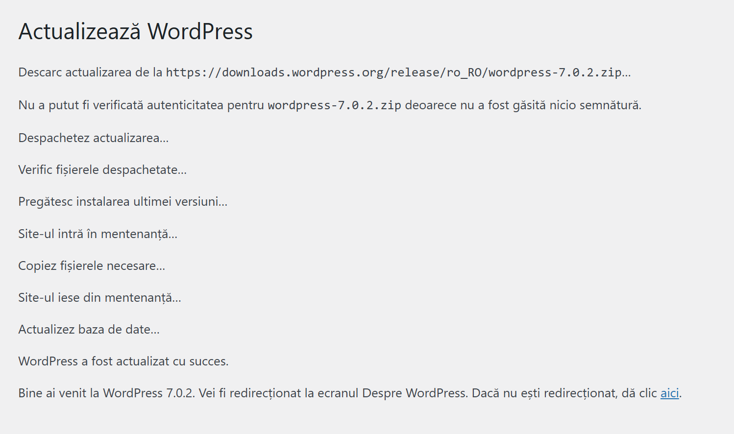 Procesul de actualizare WordPress la 7.0.2, pas cu pas: descărcare, despachetare, mentenanță, copiere fișiere, actualizarea bazei de date și «actualizat cu succes»