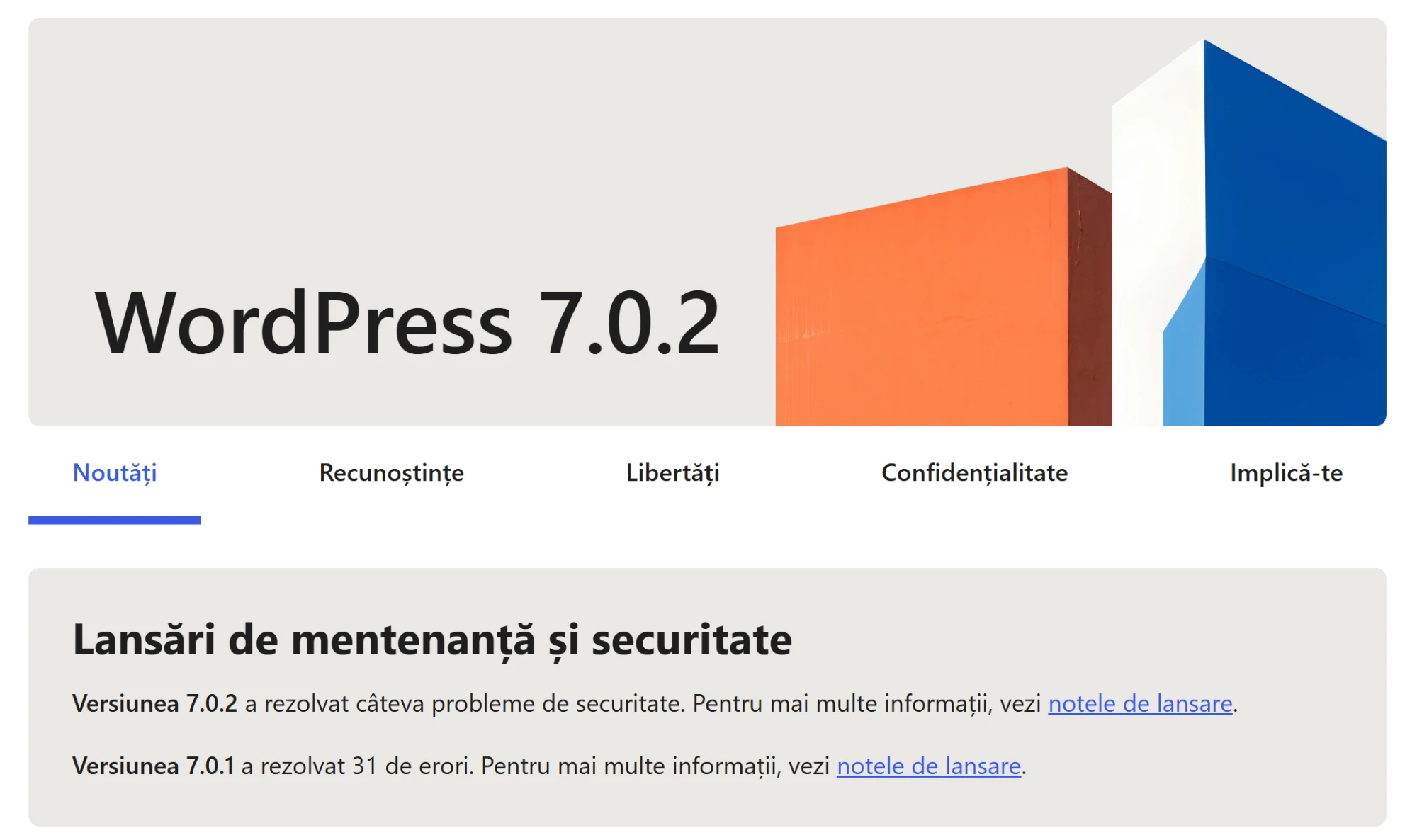Ecranul «Despre» din WordPress 7.0.2, secțiunea «Lansări de mentenanță și securitate»