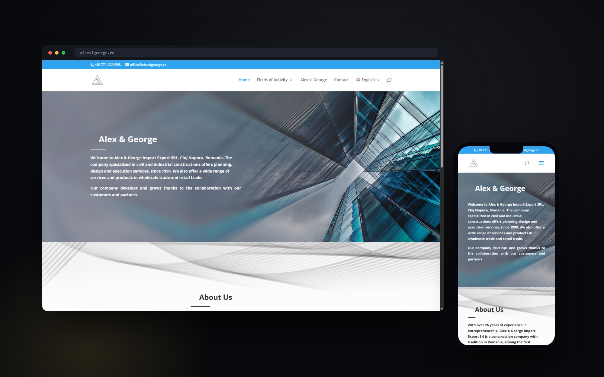 alexsigeorge.ro — the corporate site Cittago built in 2016, on desktop and mobile