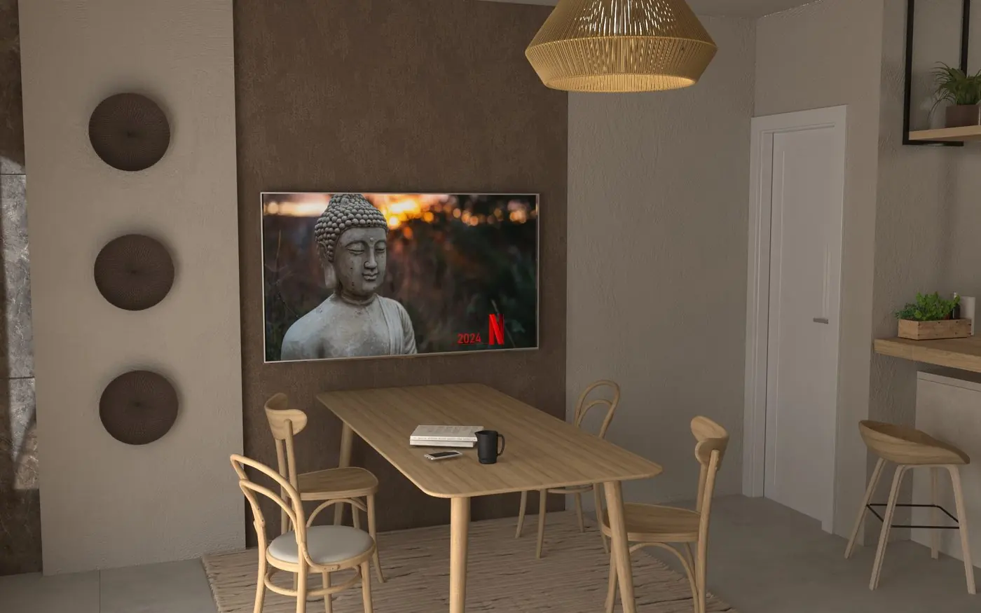 Render of the Ela Home living and dining area