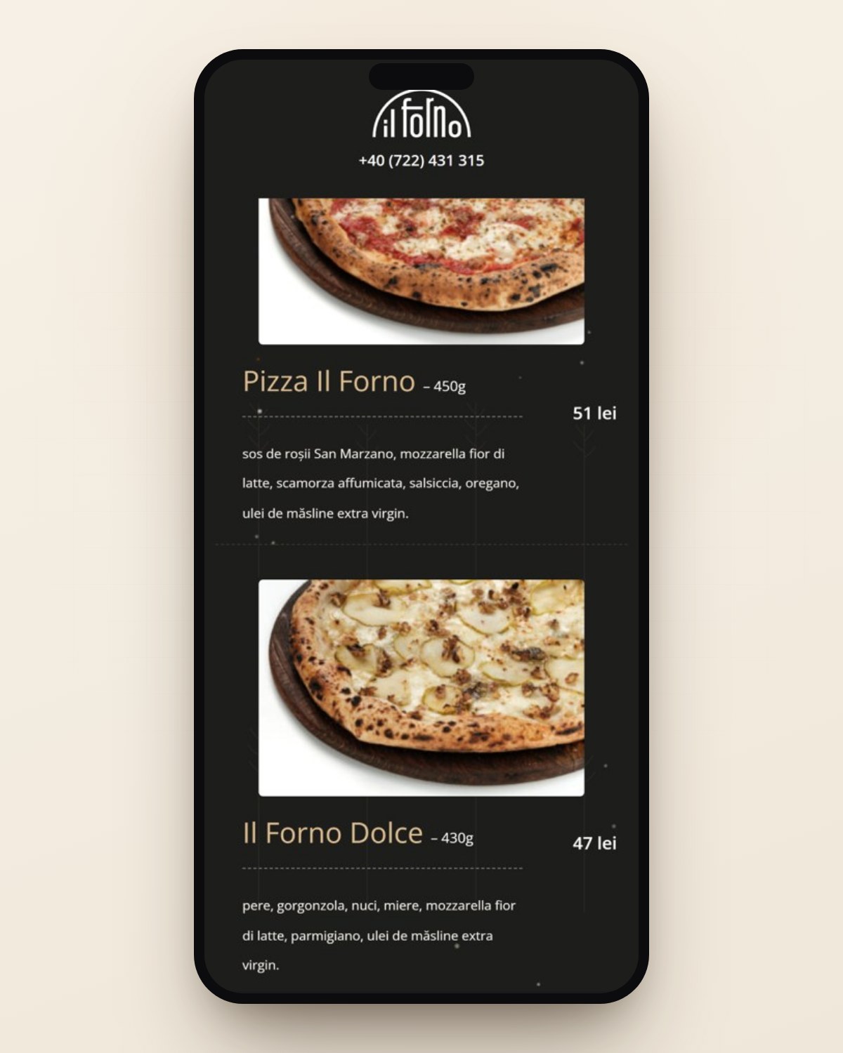 The ilforno.ro menu on a phone, one tap from ordering